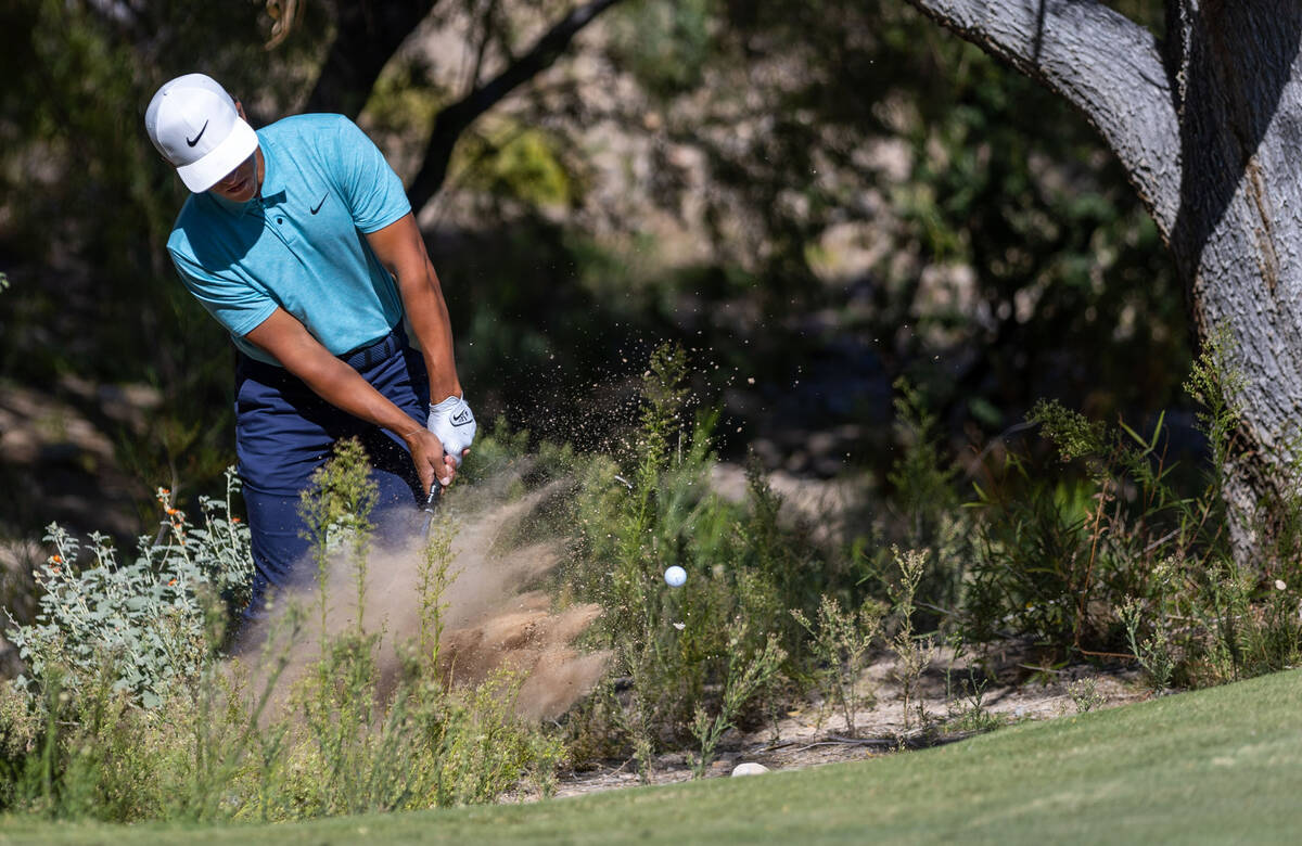 Cameron Champ wedges out of the natural landscaping after two attempts about hole 3 during day ...