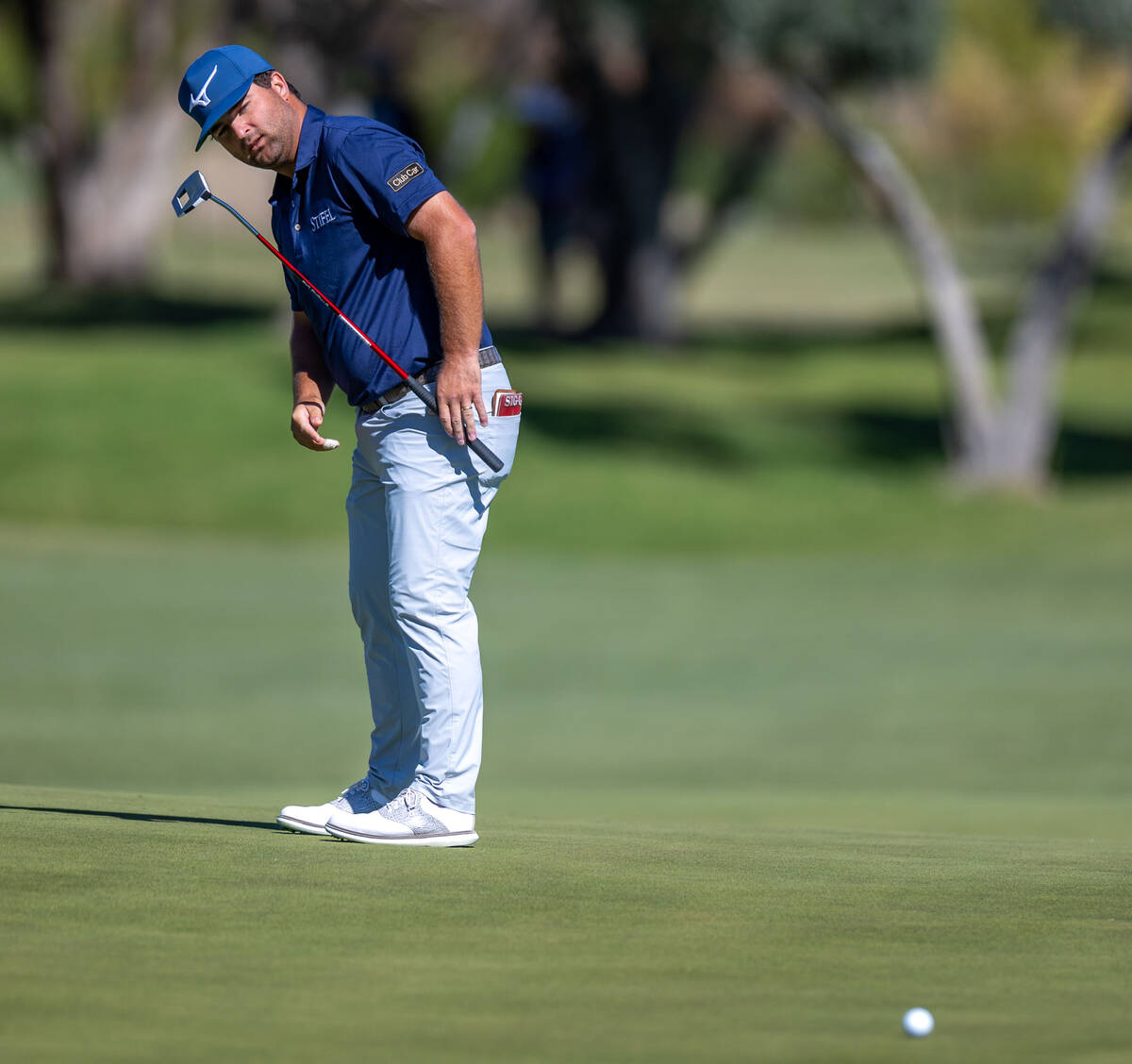 Joel Dahmen watches a long putt on hole 18 during day 3 play at the Shriners Children's Open fr ...