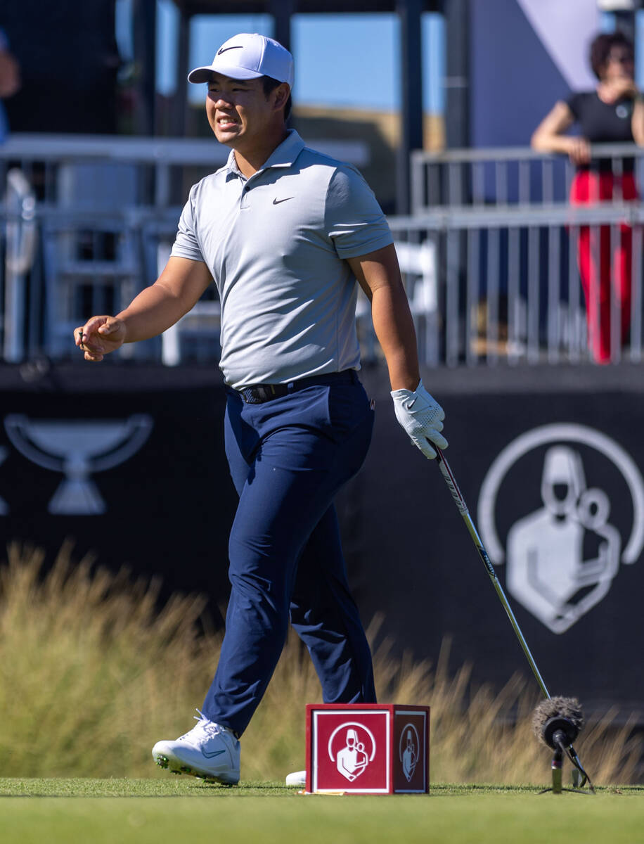 Tom Kim is a bit displeased with his tee shot on hole 17 during day 3 play at the Shriners Chil ...