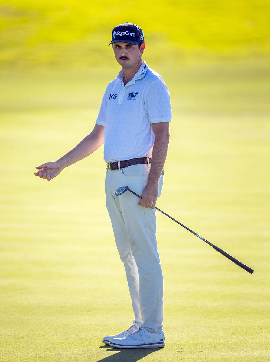 J.T. Poston is unhappy after a short putt on hole 17 during day 3 play at the Shriners Children ...