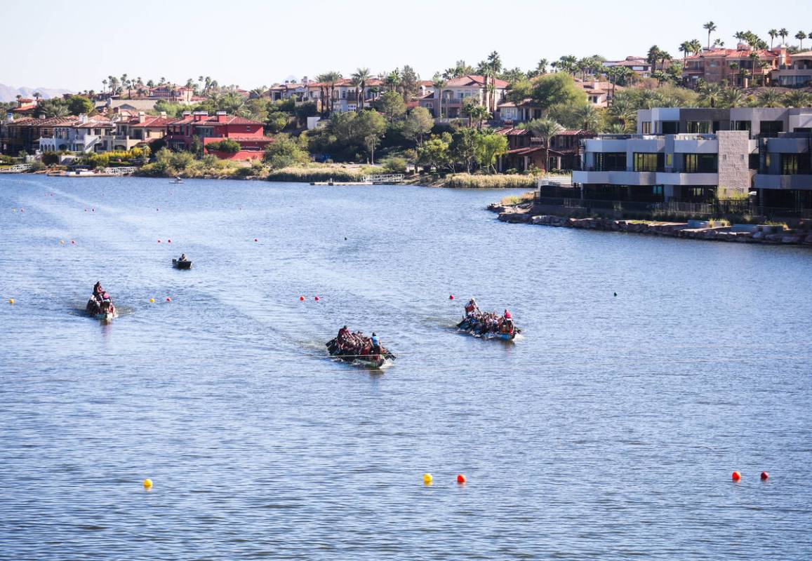 Contestants race to the finish line at the Nevada Dragon Boat Festival at Lake Las Vegas in Hen ...