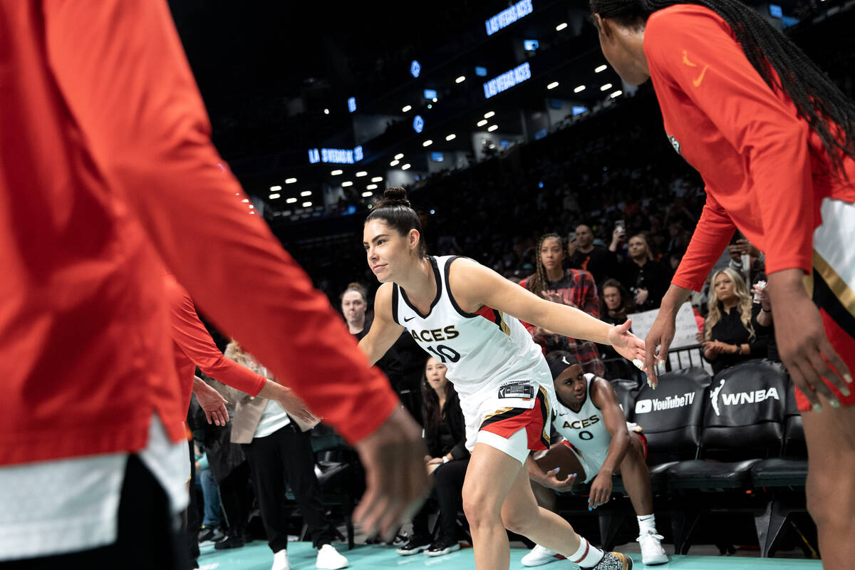 Las Vegas Aces guard Kelsey Plum (10) takes the court while she is announced in the starting li ...