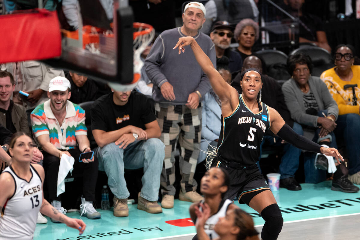 New York Liberty forward Kayla Thornton (5) watches her bucket during the second half in Game 3 ...