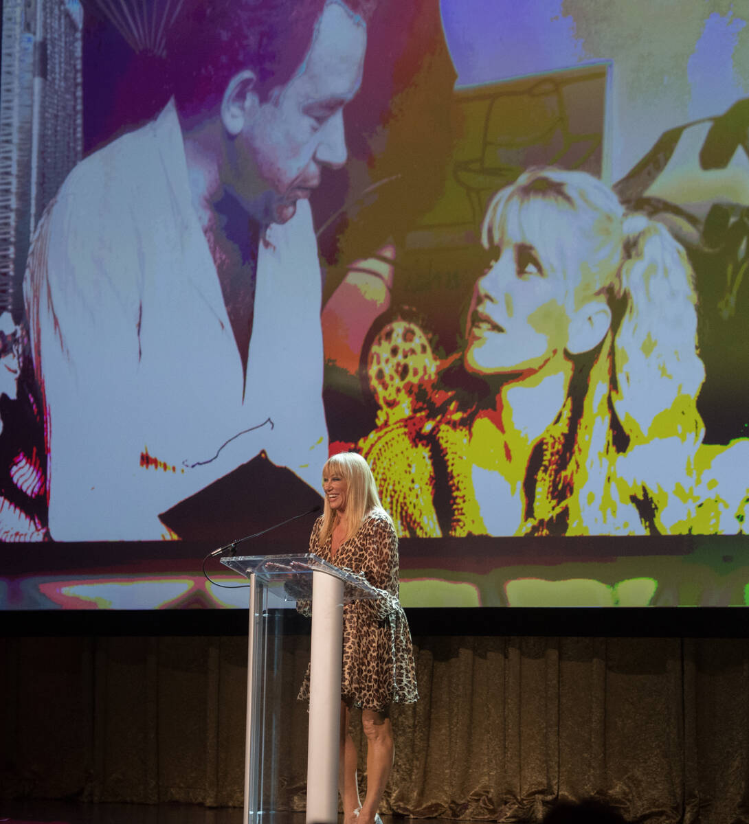 TV and stage star Suzanne Somers is shown onstage during Robin Leach's celebration of life at P ...