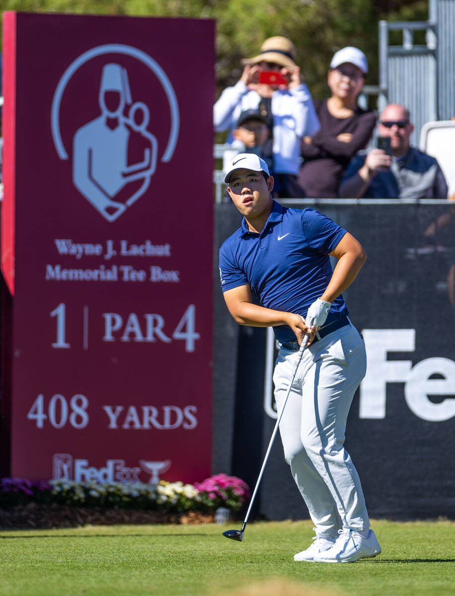 Tom Kim watches his drive off of the first tee at hole 1 during final day play at the Shriners ...