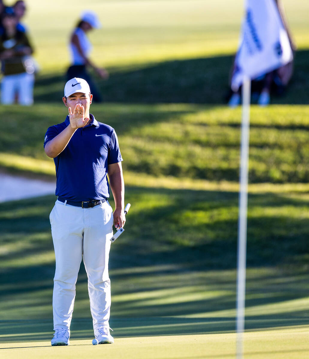 Tom Kim lines up a putt on the green at hole 16 during final day play at the Shriners Children' ...