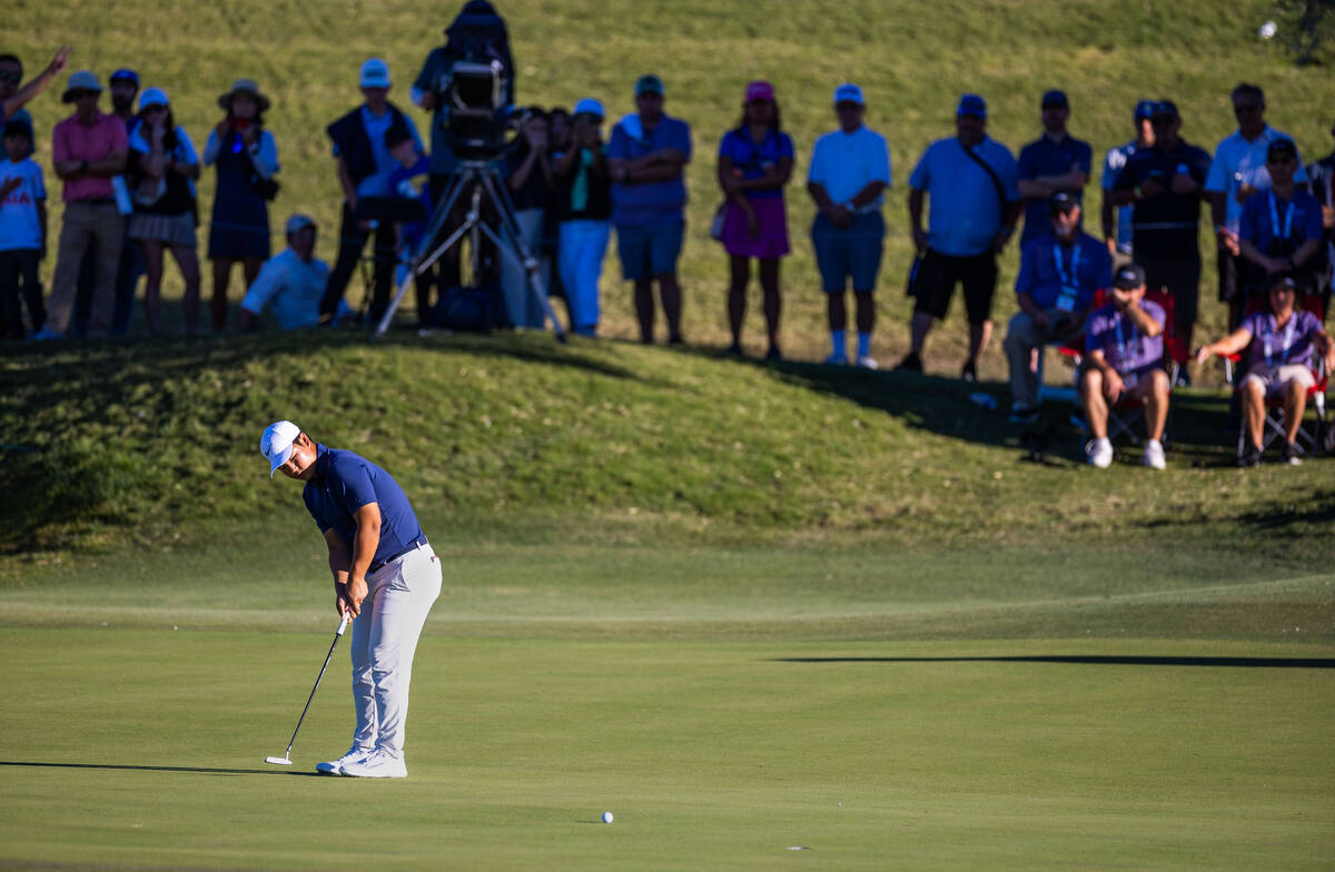 Tom Kim putts on the green at hole 17 during final day play at the Shriners Children's Open fro ...