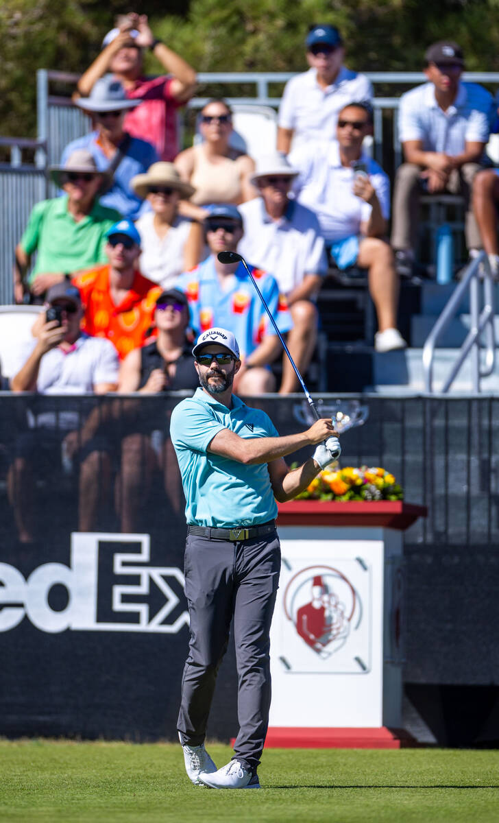 Adam Hadwin looks to his drive off of the first tee at hole 1 during final day play at the Shri ...