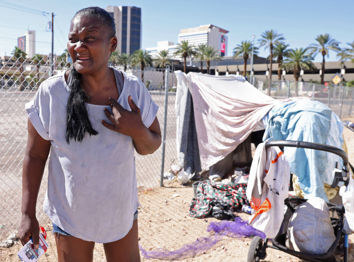 Denita Stewart talks to a reporter at her shelter off Las Vegas Boulevard near Mesquite Avenue ...