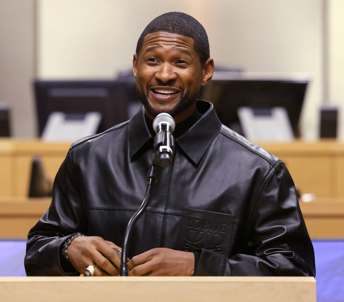 Usher Raymond IV speaks after receiving a key to the City of Las Vegas and a proclamation marki ...