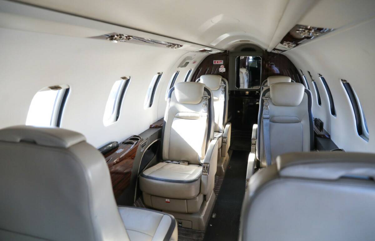 The interior of a 2014 Learjet 70 that is for sale, as seen at the 2023 NBAA Business Aviation ...