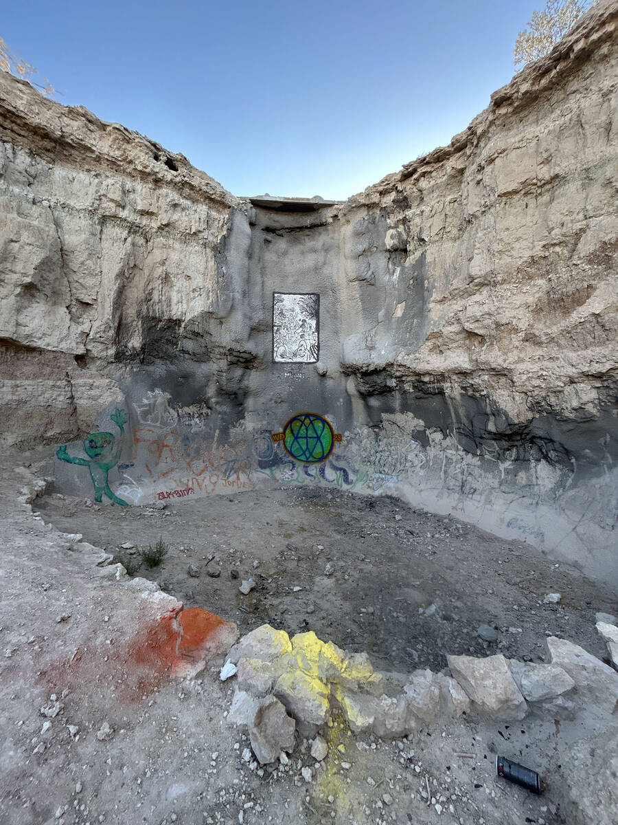 Once the ceremonial center of Cathedral Canyon, these high cliff walls have given way to graffi ...