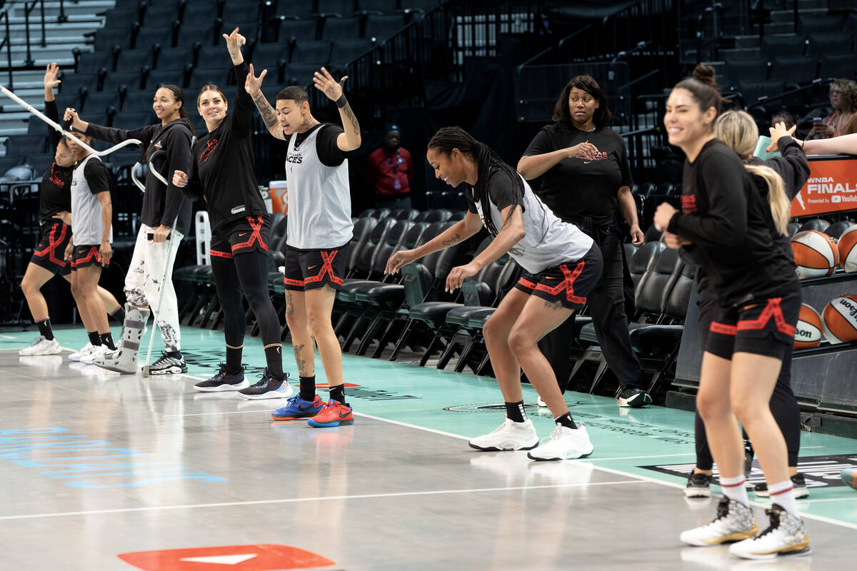 The Las Vegas Aces dance while they warm up for practice during a media availability ahead of G ...