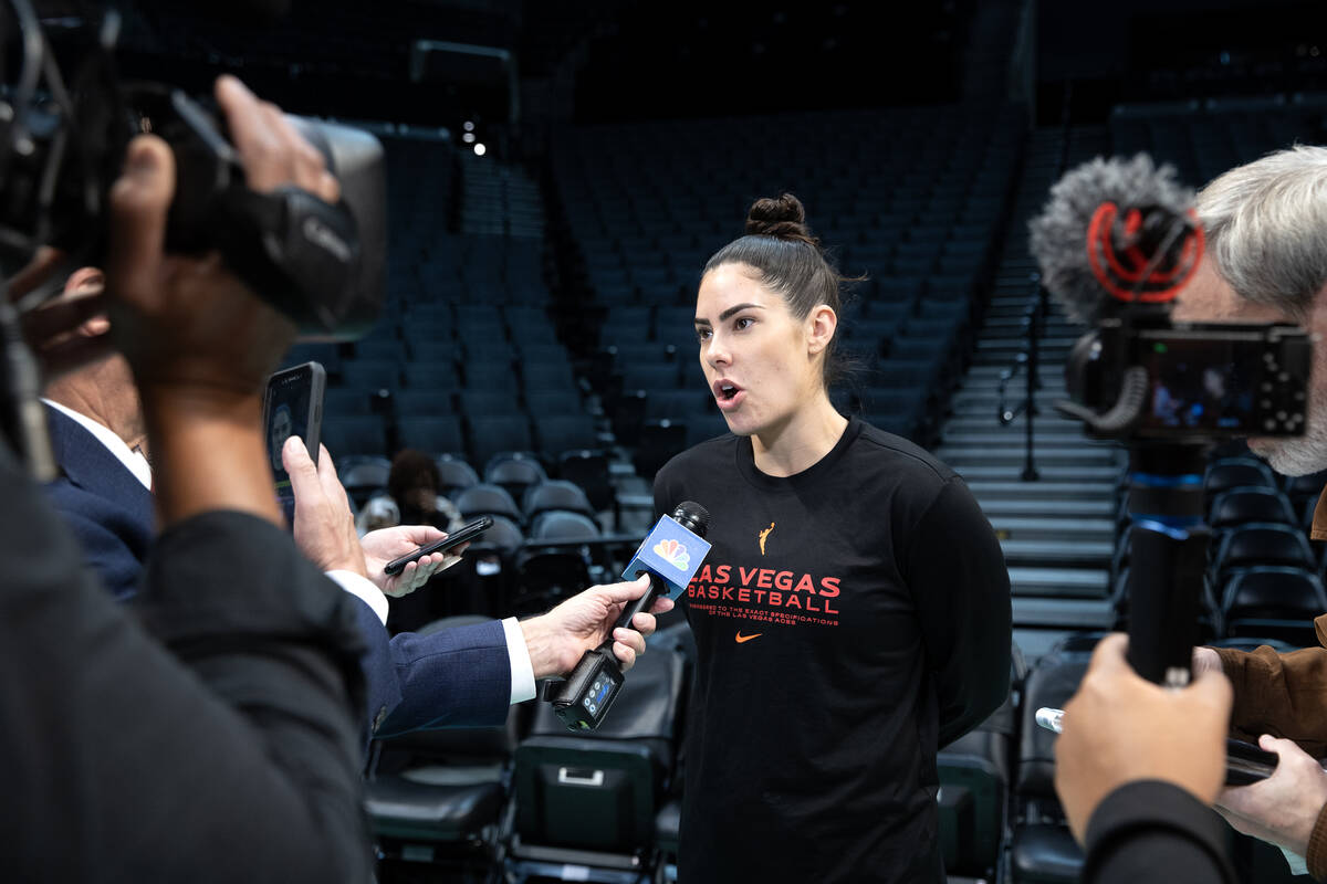 Las Vegas Aces guard Kelsey Plum speaks to reporters during a media availability ahead of Game ...