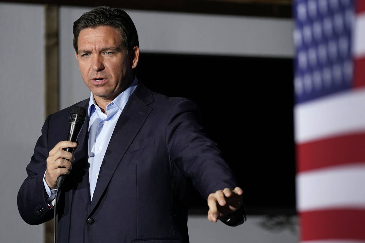 FILE - Republican presidential candidate Florida Gov. Ron DeSantis speaks during a meet and gre ...