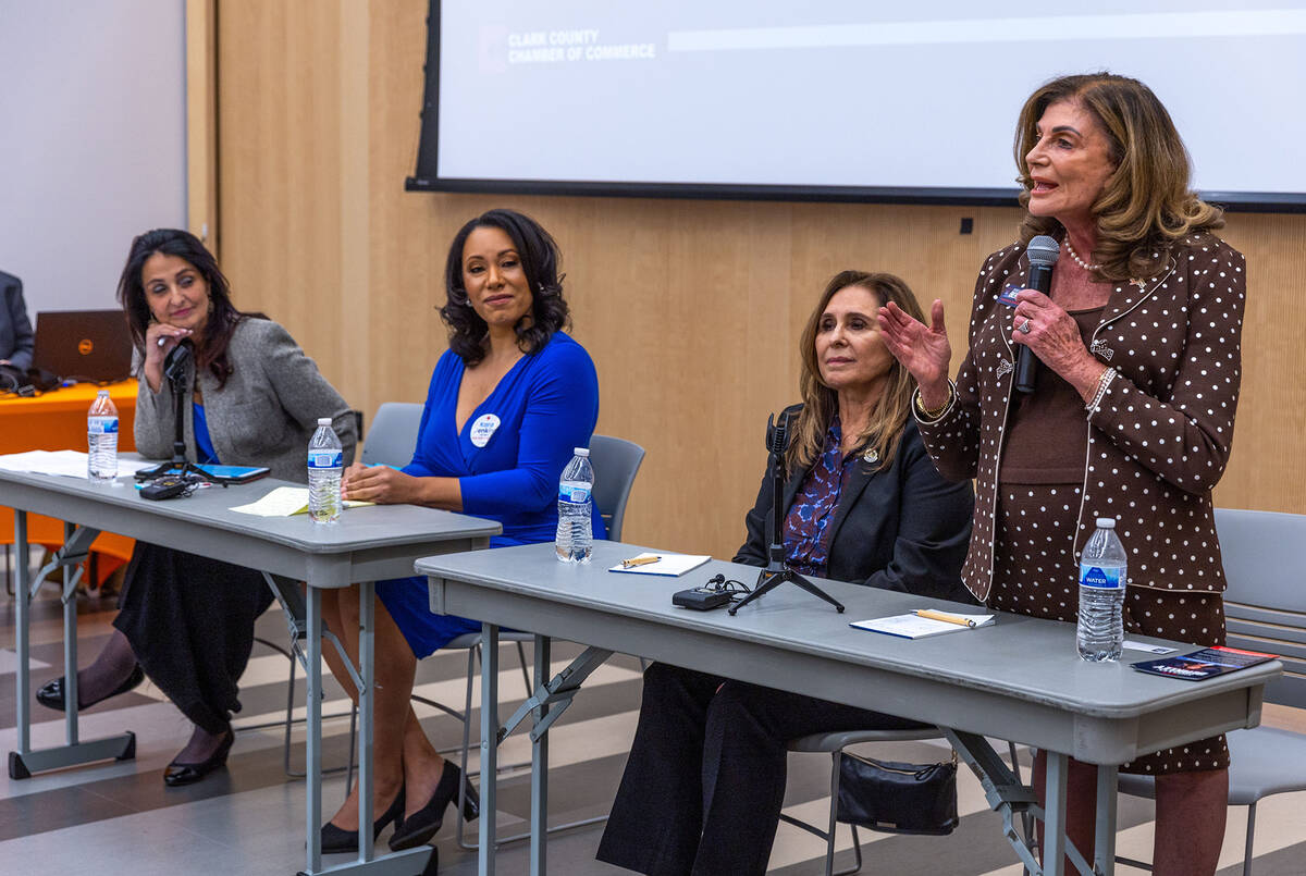 From left, candidates for mayor of Las Vegas Donna Miller, Kara Jenkins, Victoria Seaman and Sh ...