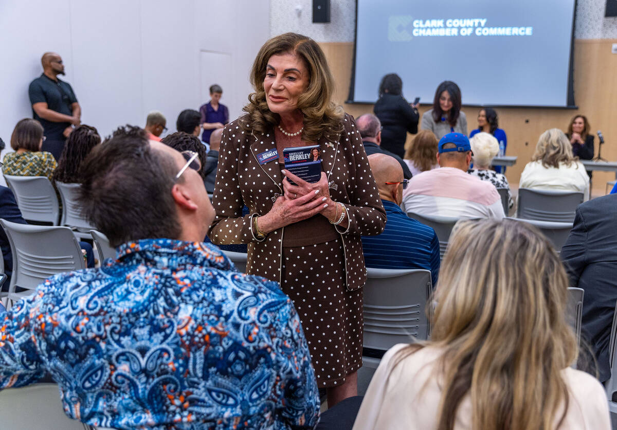 Shelley Berkley greets audience members during a forum at the East Las Vegas Library on Tuesday ...