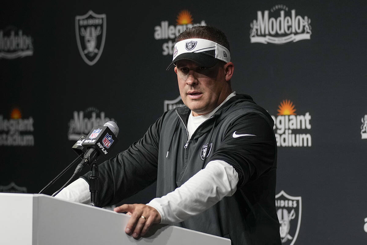 Las Vegas Raiders head coach Josh McDaniels speaks in a news conference after the Raiders defea ...