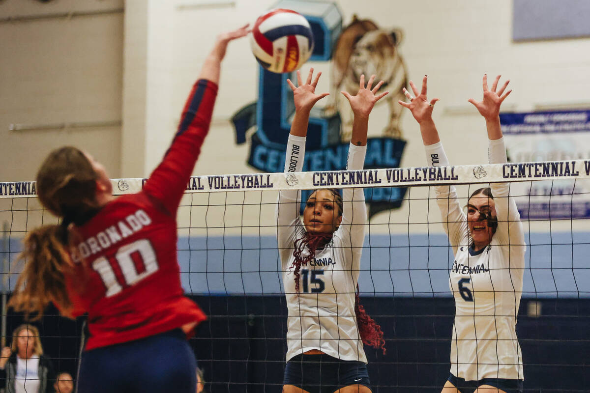 Coronado setter Rachel Schwartz (10) hits the ball over the net during a game against Centennia ...