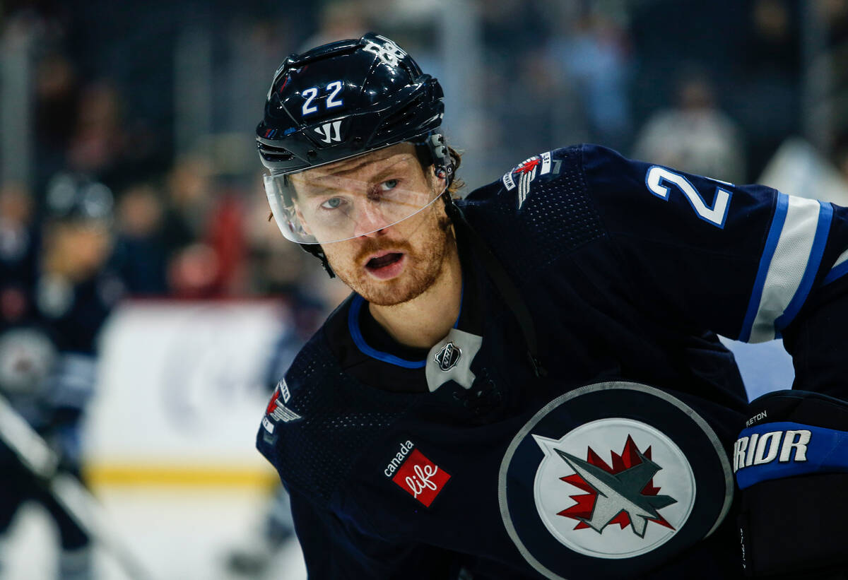 Winnipeg Jets' Mason Appleton warms up prior to an NHL hockey game against the Vegas Golden Kni ...