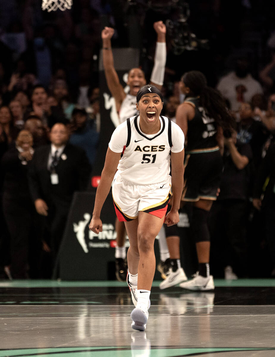 Las Vegas Aces guard Sydney Colson (51) celebrates as her team wins Game 4 of a WNBA basketball ...