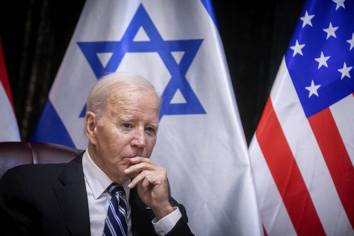 U.S. President Joe Biden pauses during a meeting with Israeli Prime Minister Benjamin Netanyahu ...
