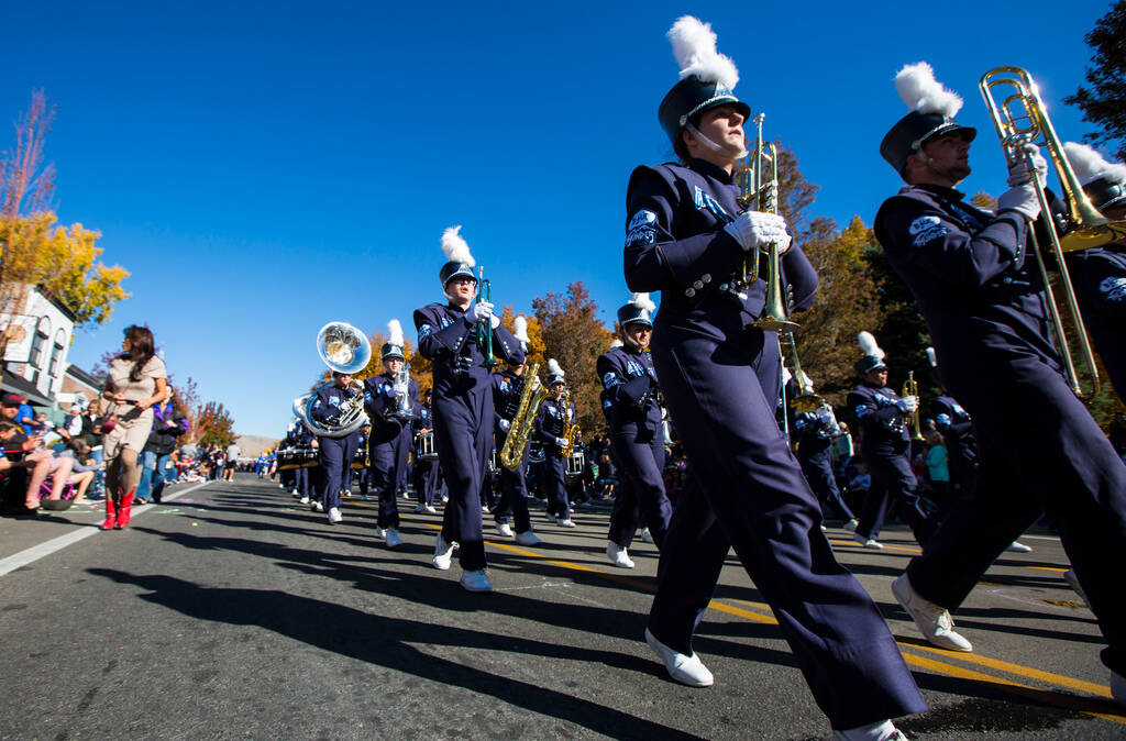 Members of the Carson High School band march during in the annual Nevada Day Parade in Carson C ...