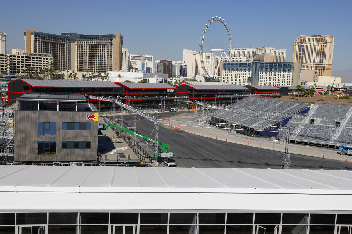 The Oracle Red Bull grandstand and Koval hospitality, center, are seen from the F1 Pit Building ...