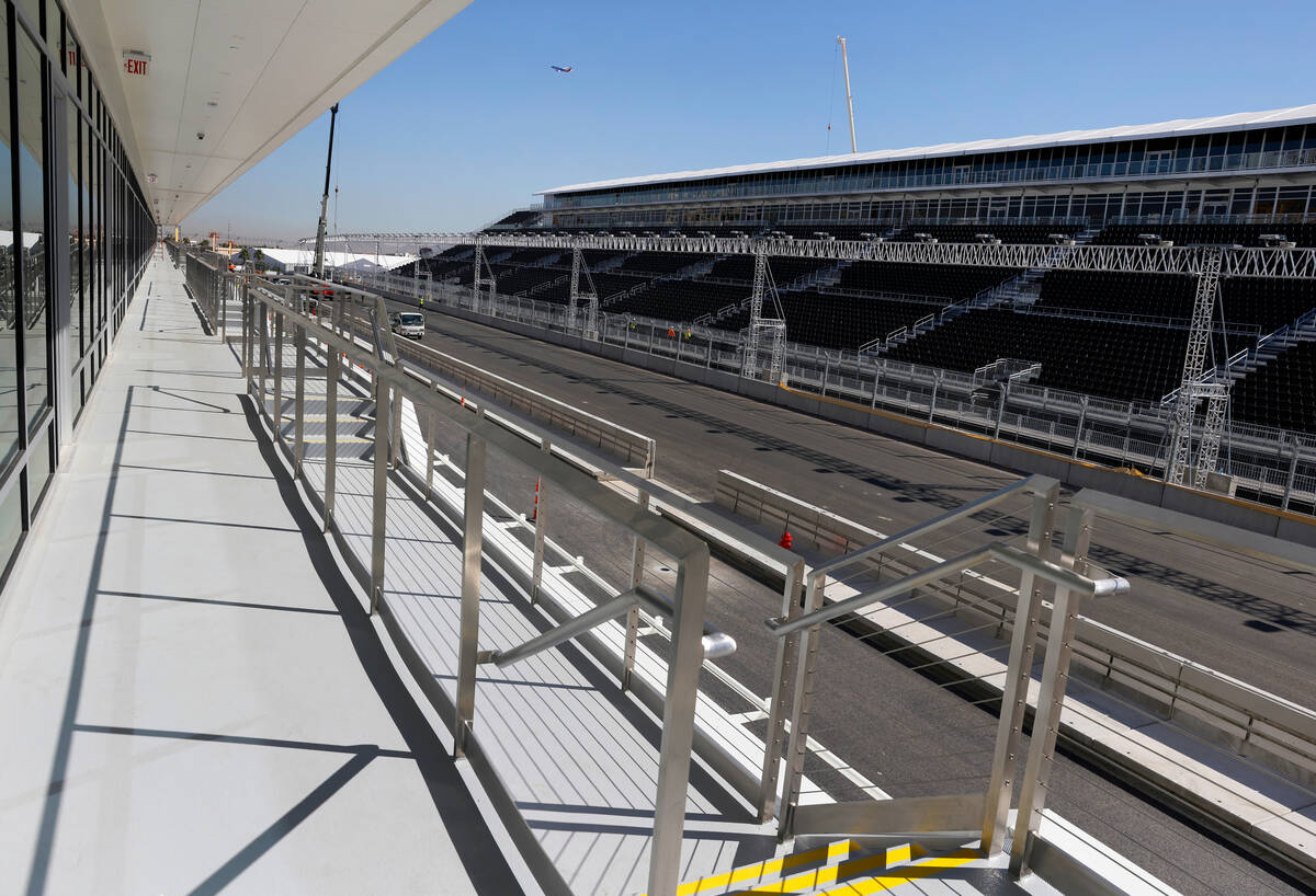 The grandstands, filled with seats, as seen from the F1 Pit Building during a media tour, on Fr ...