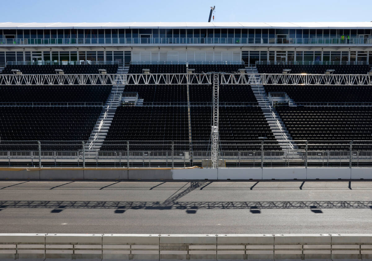 The grandstands, filled with seats, as seen from the F1 Pit Building during a media tour, on Fr ...