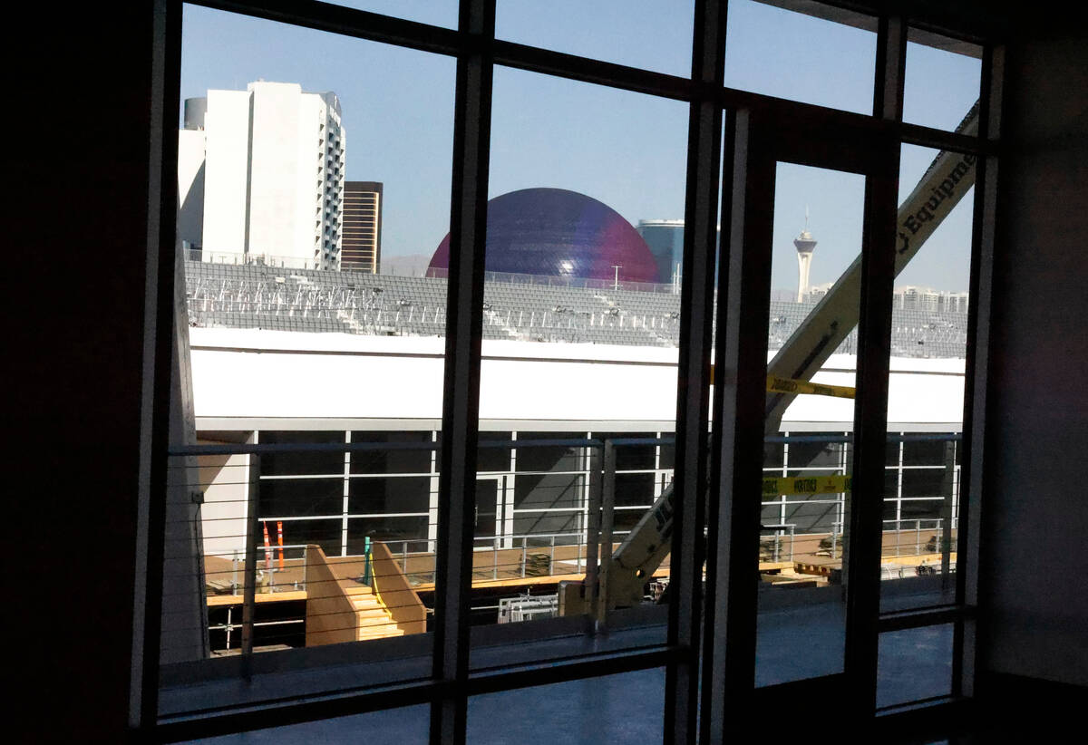 MSG Sphere and Stratosphere are seen from the F1 Pit Building during a media tour, on Friday, O ...