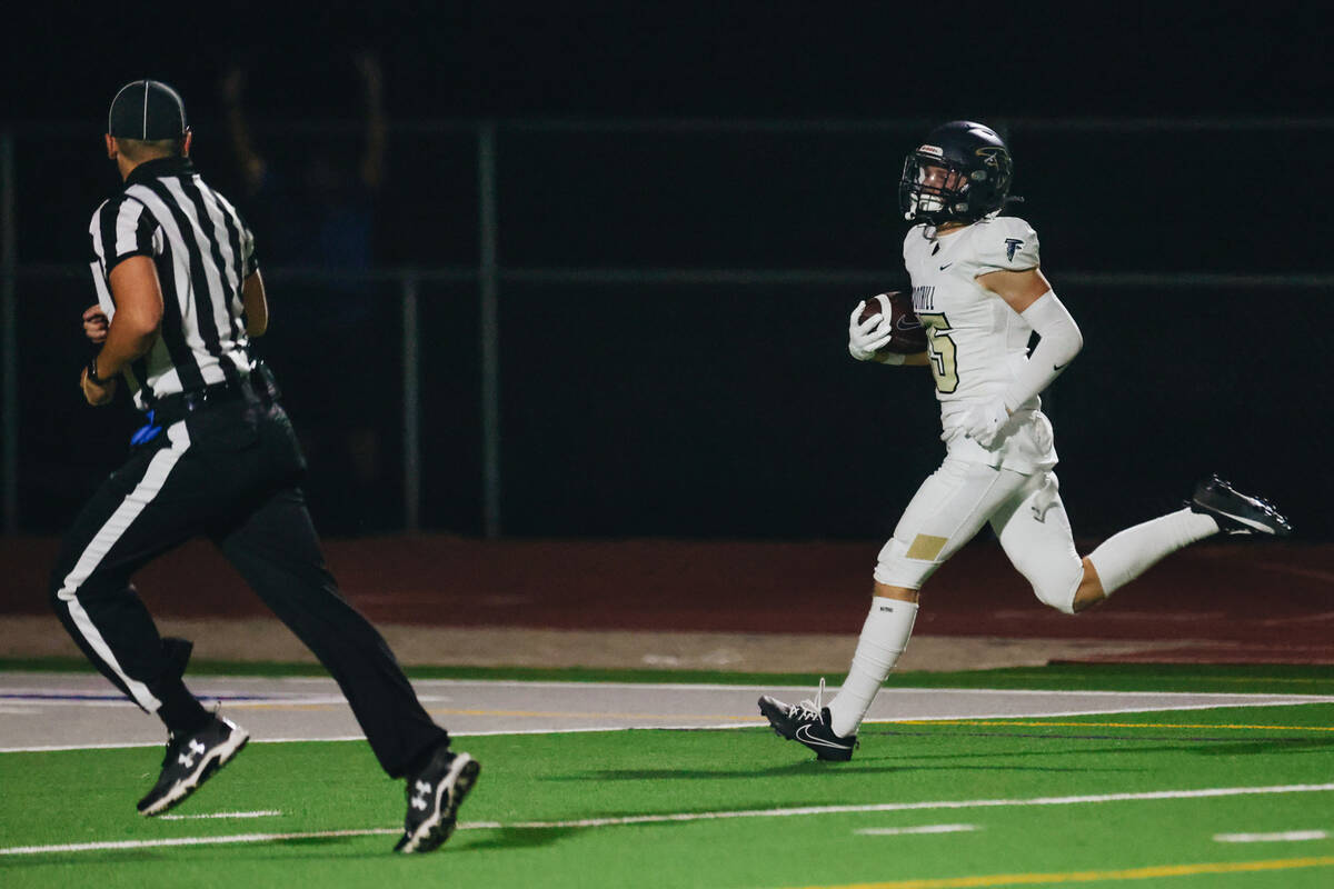 Foothill wide receiver Chase Kennedy (5) runs into the end zone for a touchdown during a game a ...