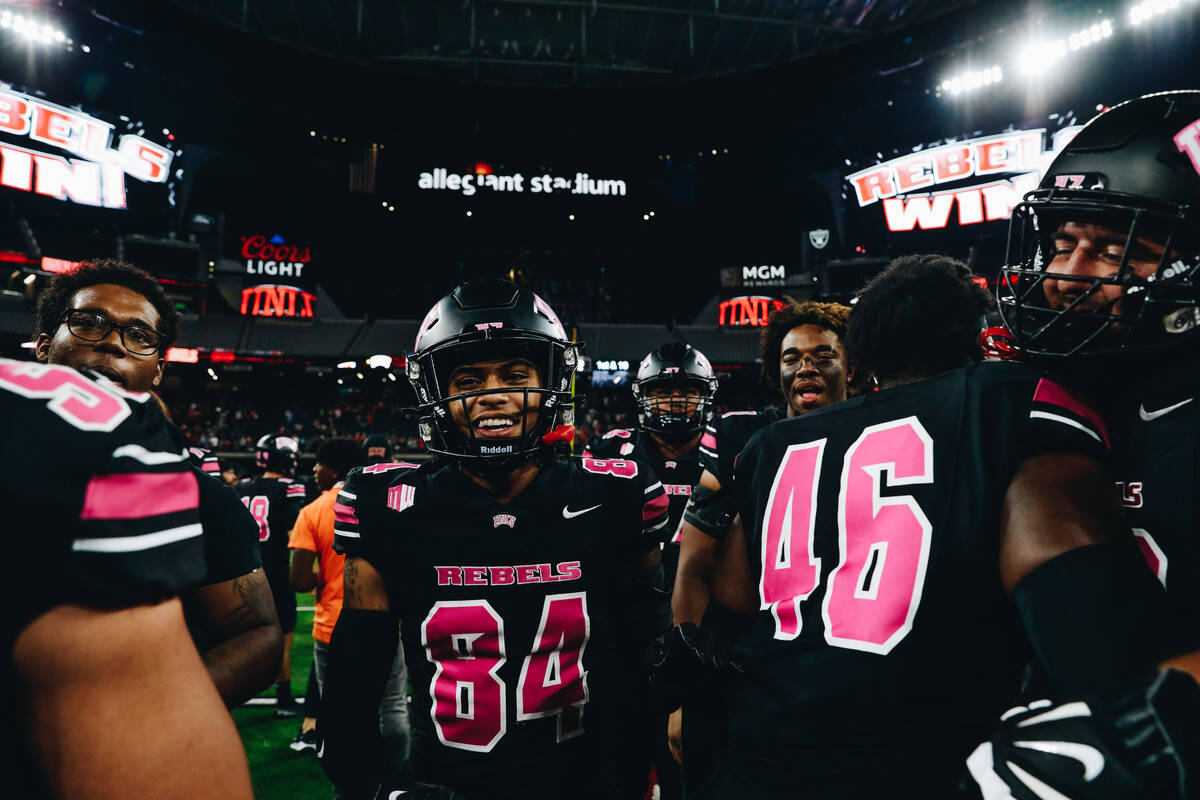 UNLV wide receiver Corey Thompson Jr. (84) celebrates after beating Colorado State and becoming ...