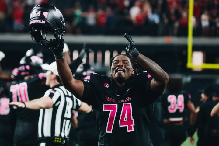 UNLV offensive lineman Jalen St. John (74) celebrates after beating Colorado Sate at Allegiant ...