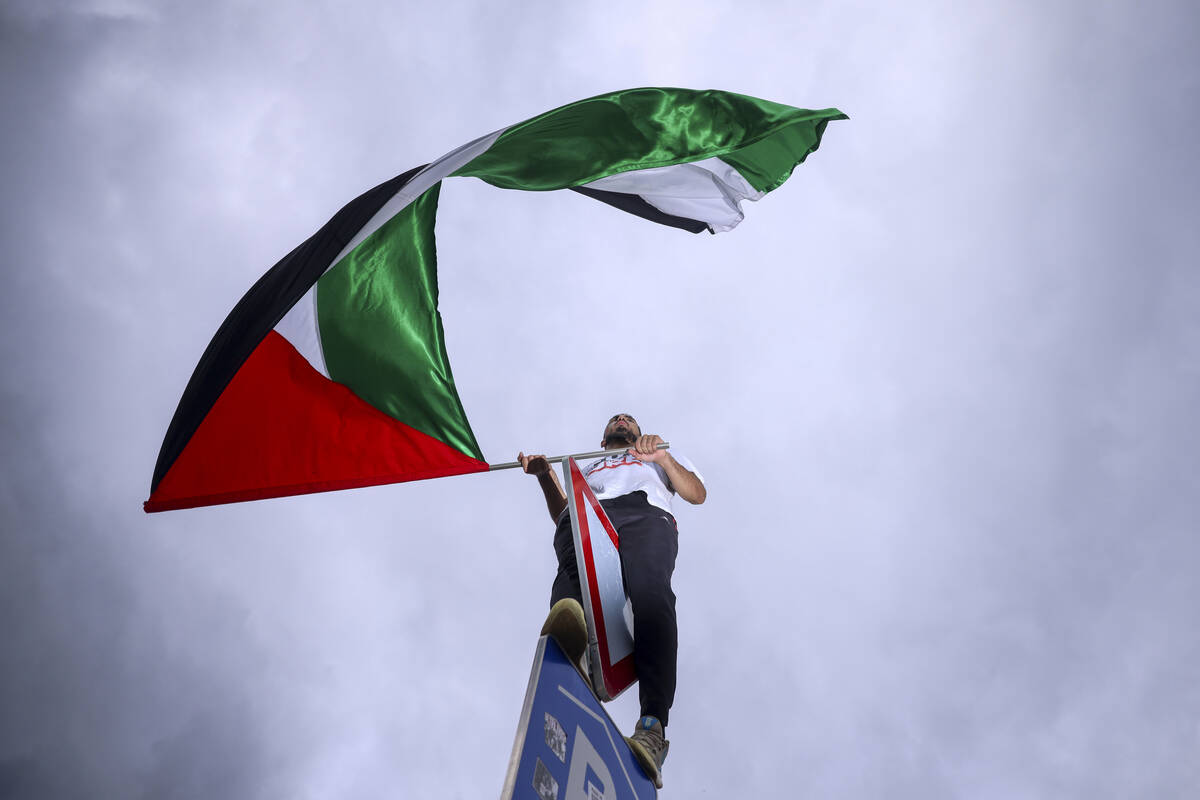 A Bosnian man waves a Palestinian flag during a protest against Israel and in support of Palest ...