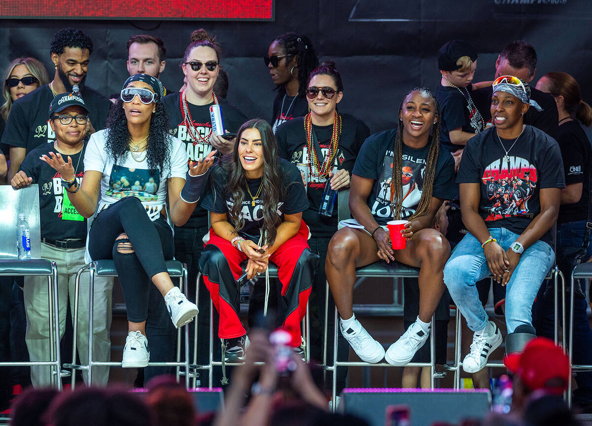Aces players react to coach Becky Hammon during their championship celebration at Toshiba Plaza ...