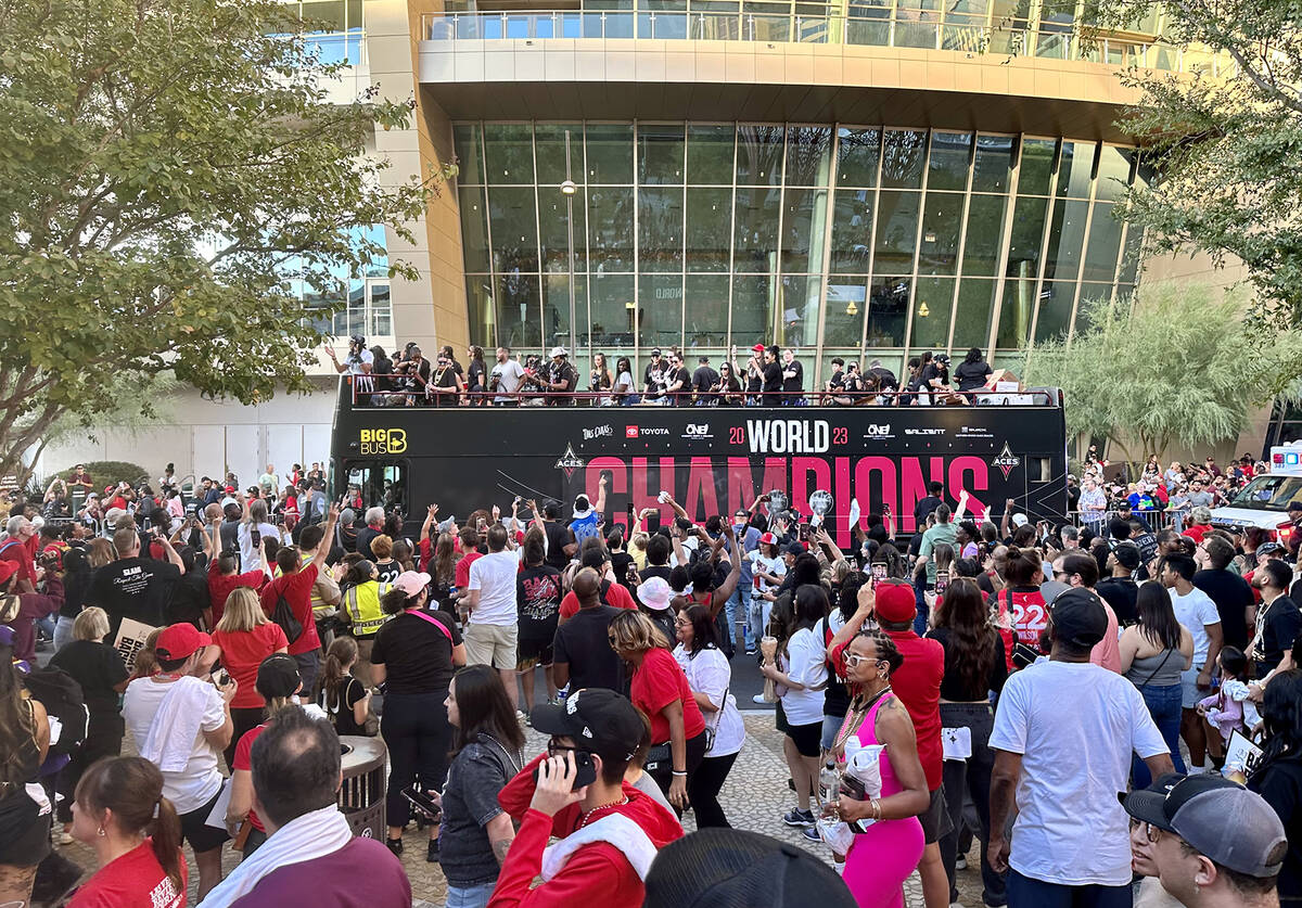 Fans gather at Toshiba Plaza just off the Las Vegas Strip for the Las Vegas Aces world champion ...