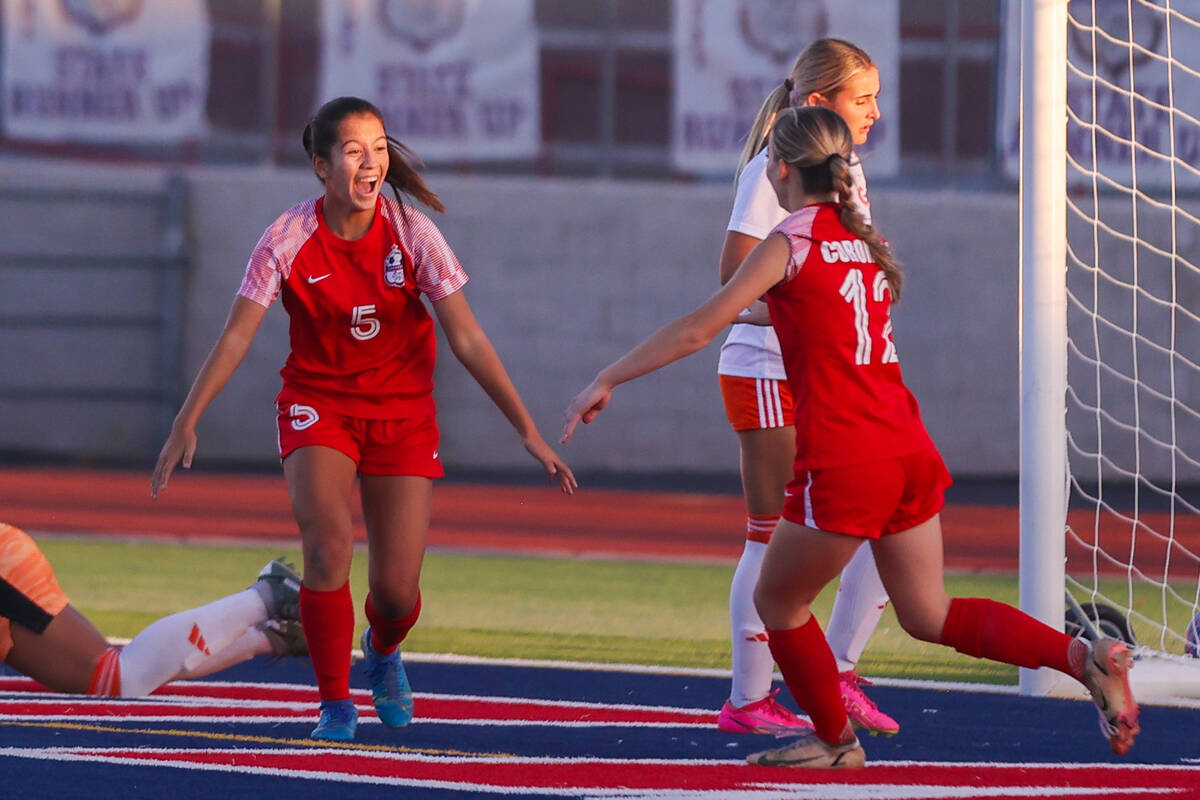 Coronado players celebrate after making a goal during a soccer game between Coronado High Schoo ...