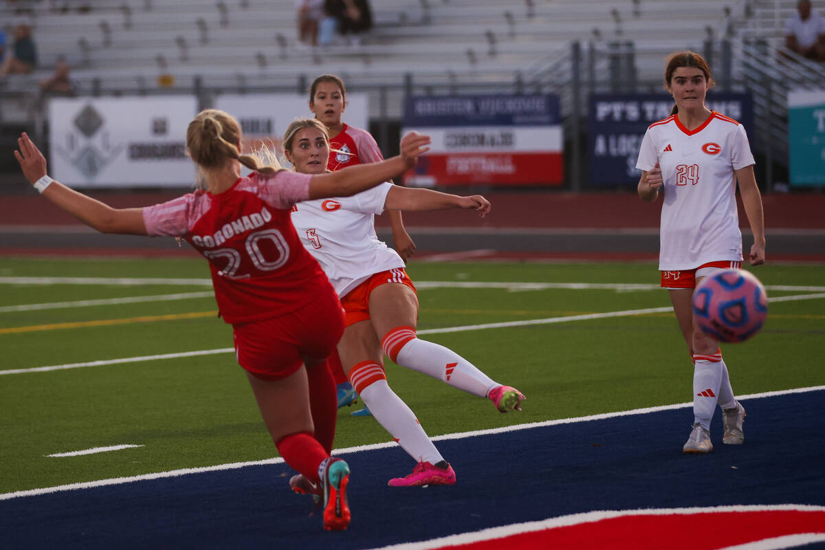 Bishop Gorman’s Audrey Swanis (5) takes a shot during a soccer game between Coronado Hig ...