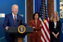President Joe Biden speaks during an event on the economy, from the South Court Auditorium of t ...