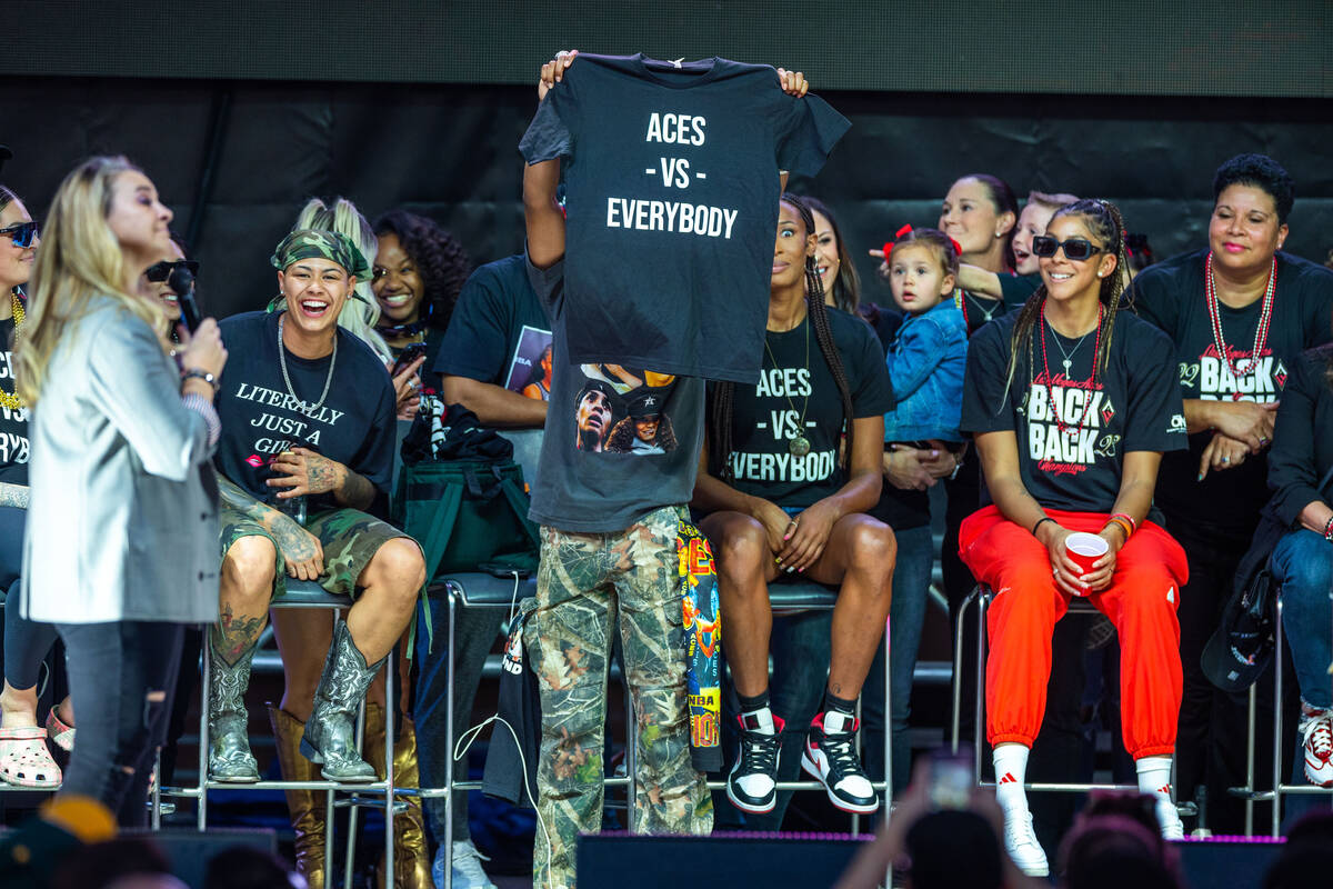 Aces players react to Head Coach Becky Hammon during their championship celebration at Toshiba ...