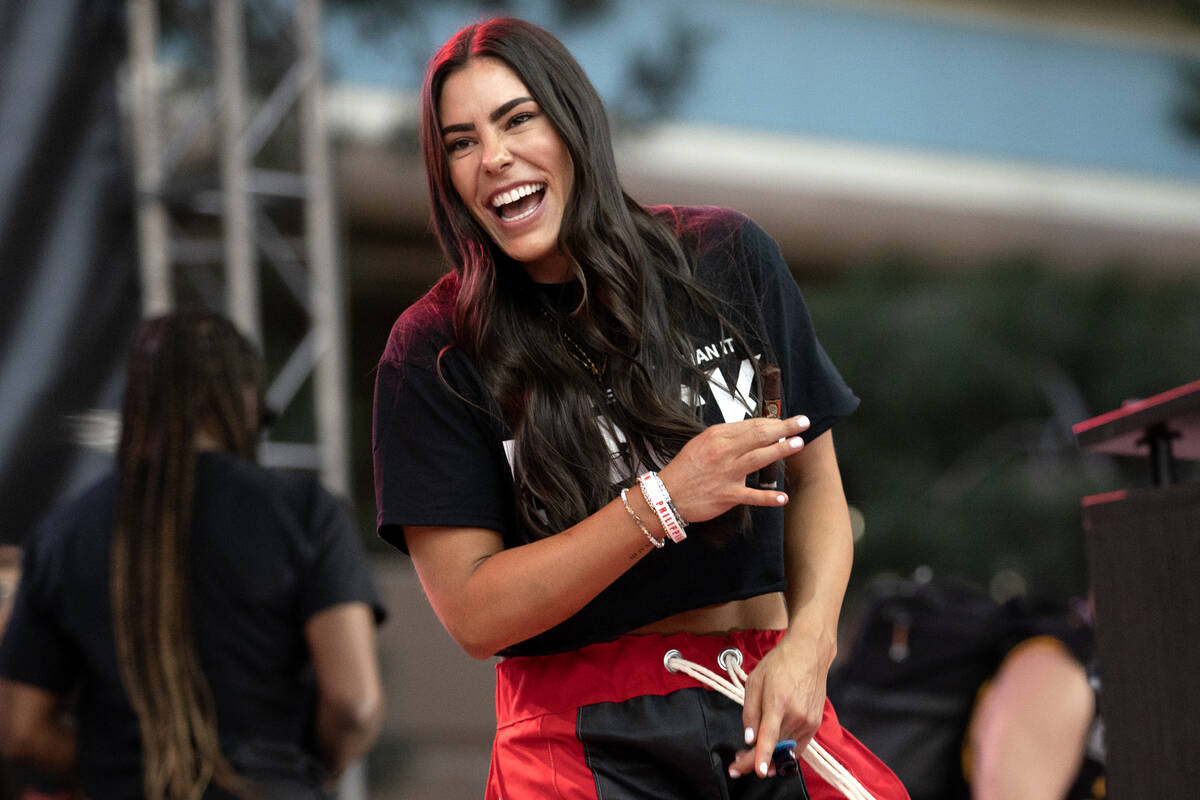 Las Vegas Aces guard Kelsey Plum dances on stage during her team’s celebration of their ...