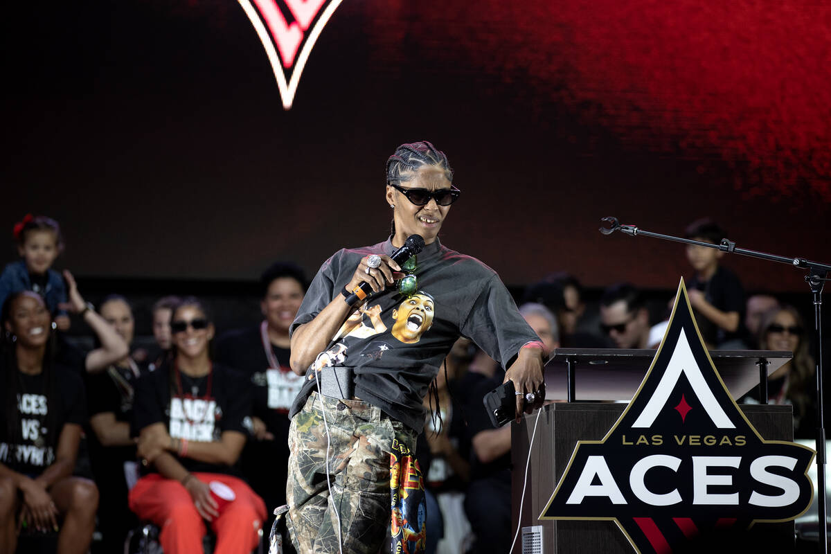 Las Vegas Aces guard Sydney Colson speaks during a celebration of her team’s WNBA basket ...