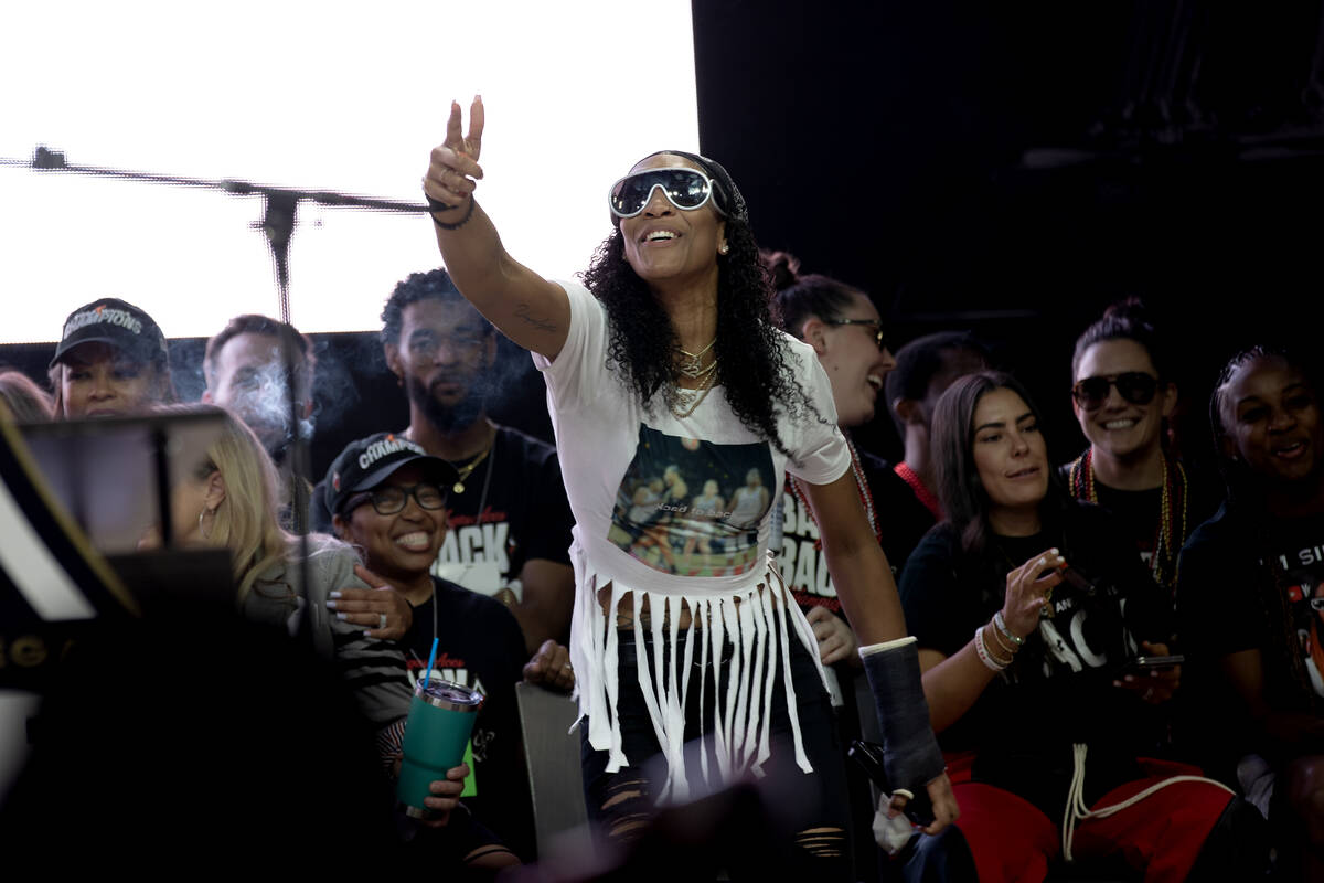 Las Vegas Aces forward A'ja Wilson pumps up her teammates during a celebration of their team&#x ...