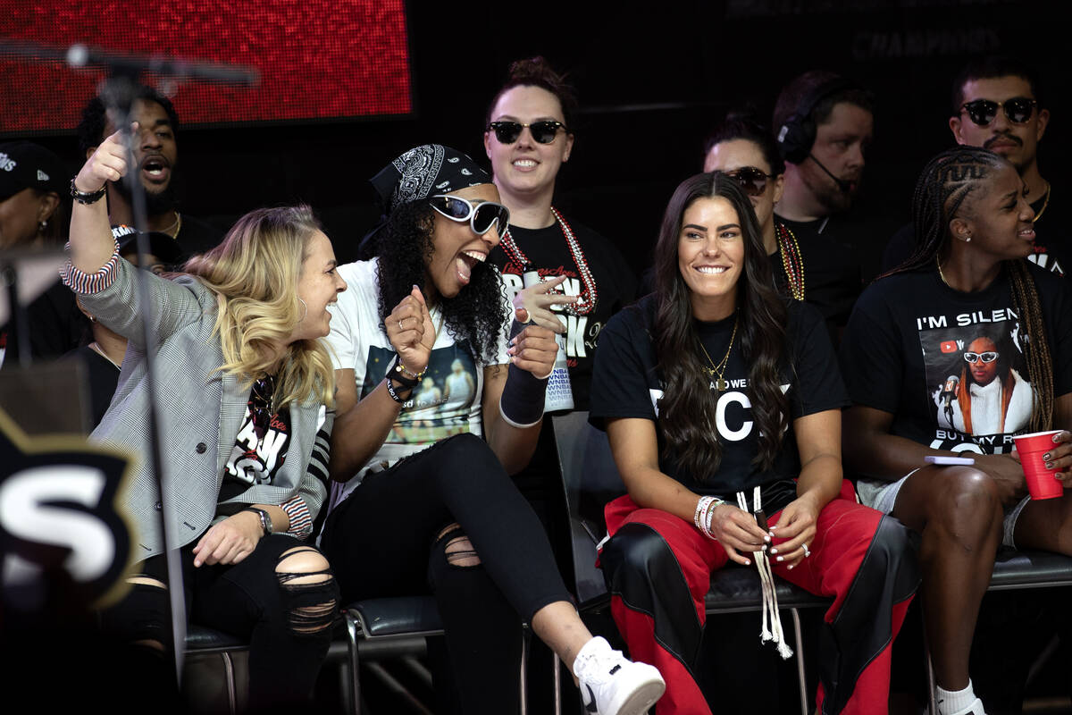 Las Vegas Aces guard Kelsey Plum, center right, is called up to speak during a celebration of h ...