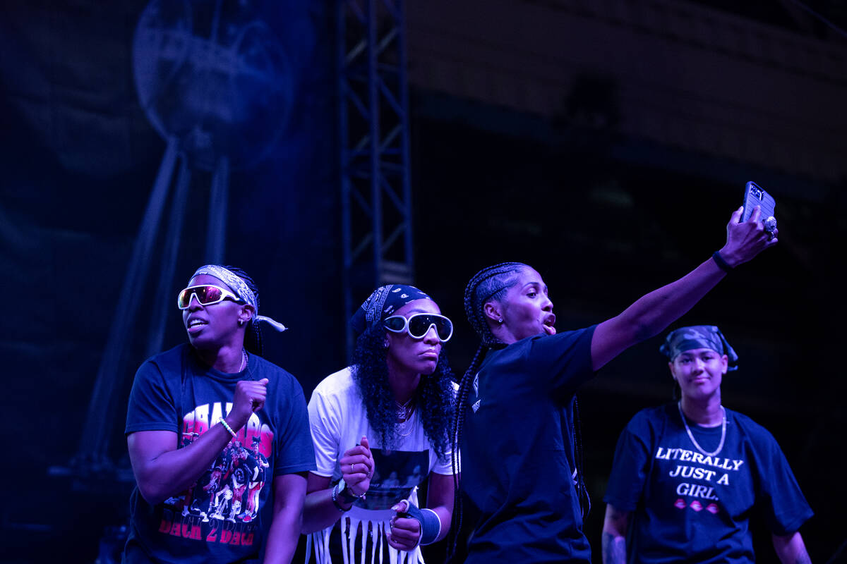 The Las Vegas Aces dance on stage to a 2Chainz performance during a celebration of their WNBA b ...