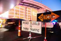 Traffic is backed up on both northbound and southbound Koval Lane near the Sphere as constructi ...