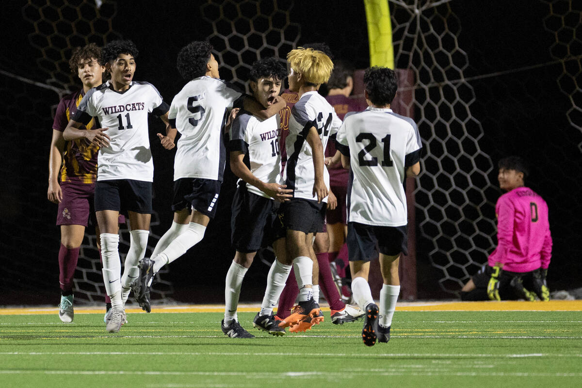 Las Vegas’ Lex Madrigal (10) celebrates with his team after scoring a goal on Eldorado g ...