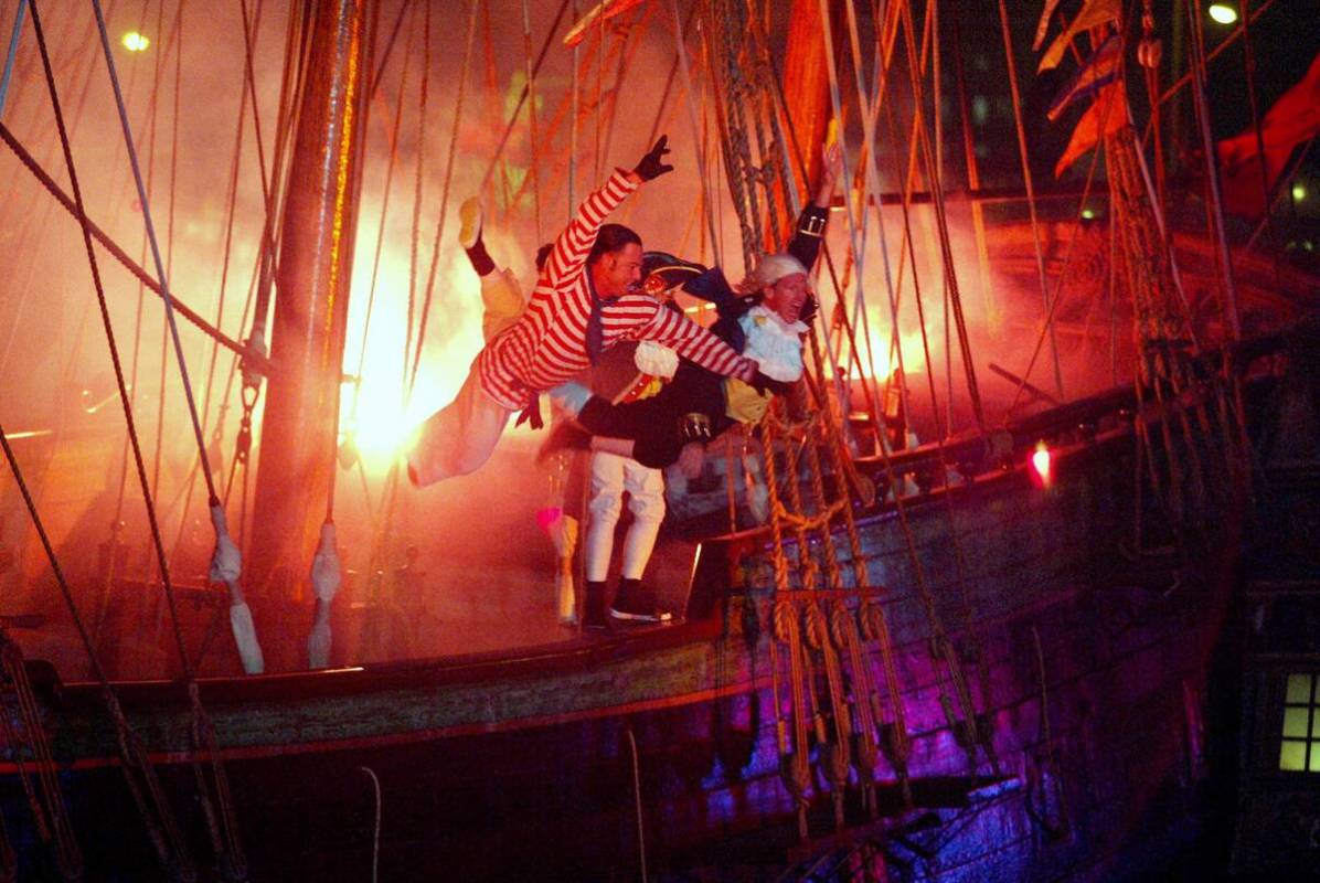 A Pirate show cast members takes their last dive off the British ship before thousands of fans ...