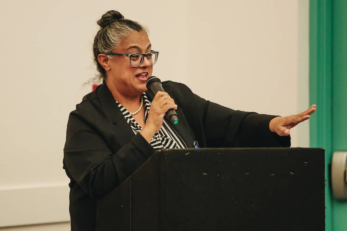 Minerva Gomez, a business license section manager for the city of Las Vegas, speaks during a Ma ...